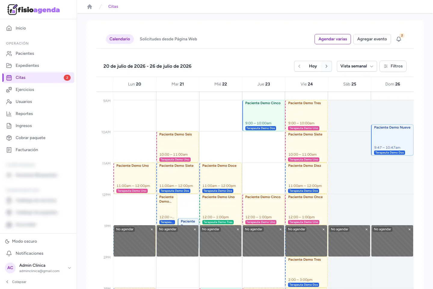 Vista semanal del calendario de citas con múltiples terapeutas