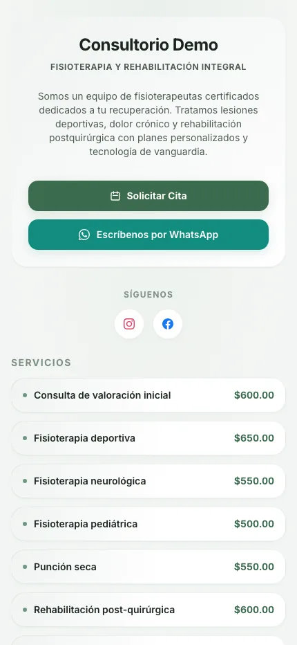 Página pública de una clínica de fisioterapia vista en un teléfono