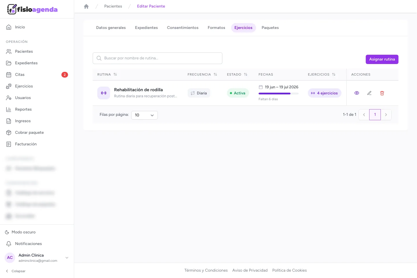 Pantalla web de rutinas de ejercicio y seguimiento de adherencia